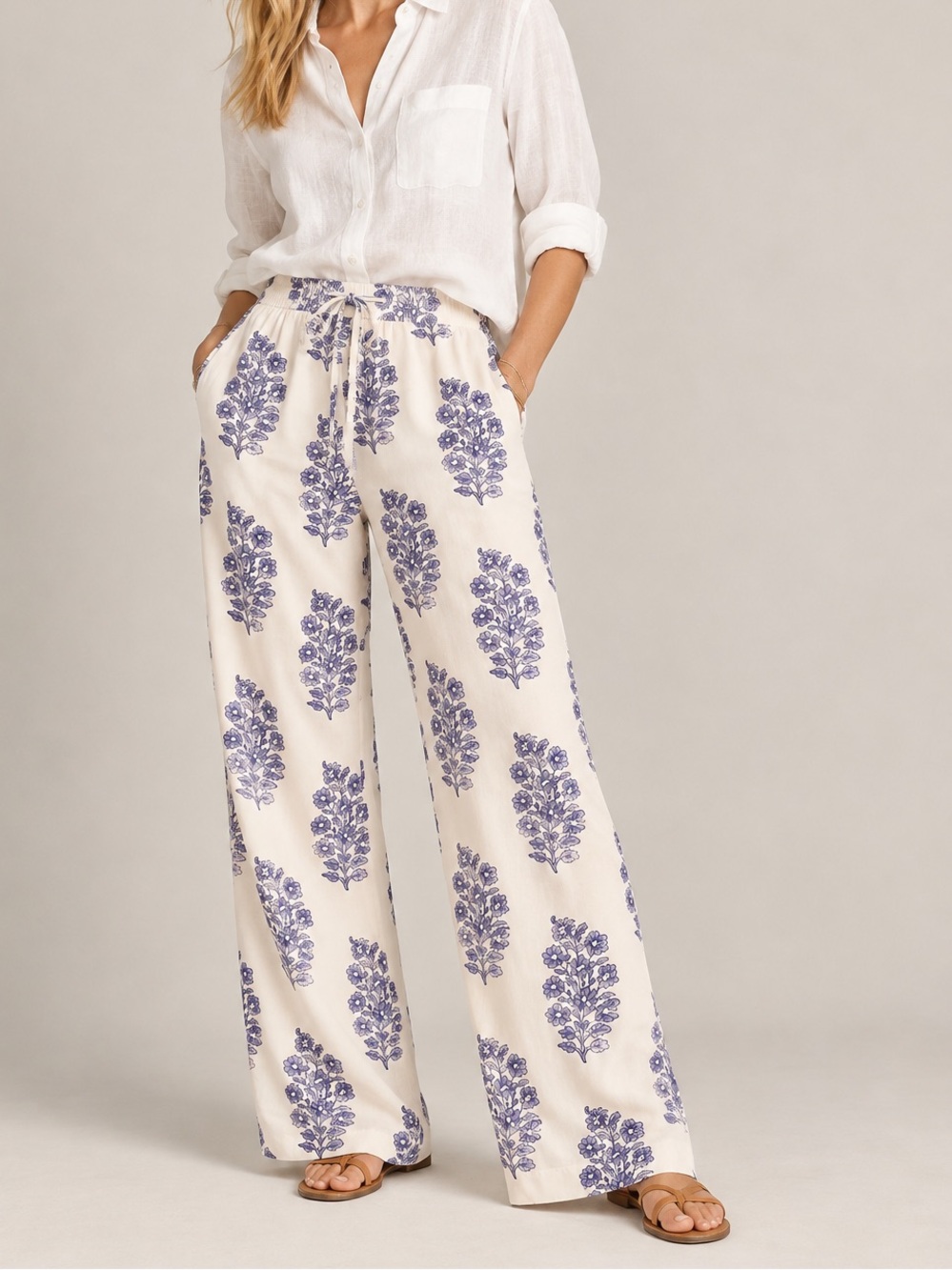 J. Crew Cream Wide-Leg Drawstring Pants with Purple Botanical Print, size Small